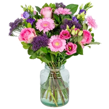 Roze gerbera's en rozen met paarse limonium