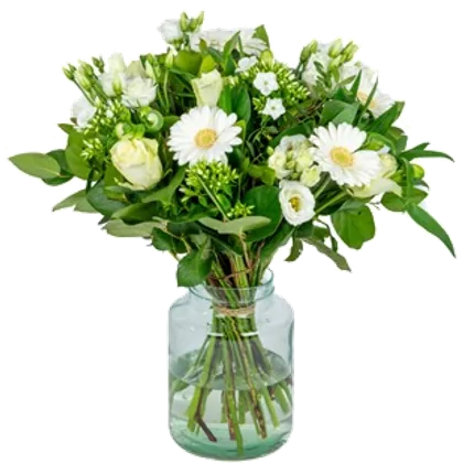 Witte rozen, gerbera's en lisianthus met veel blad ertussen
