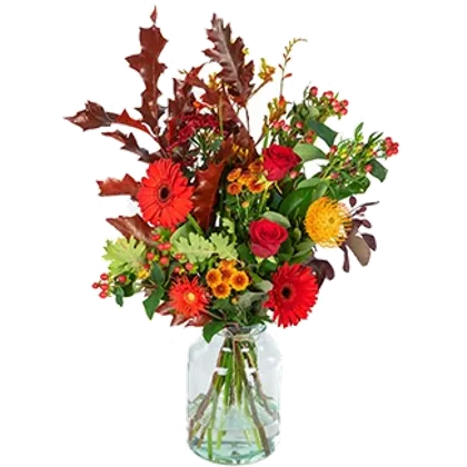 Rood eikenblad, rode gerbera's en rozen met bes